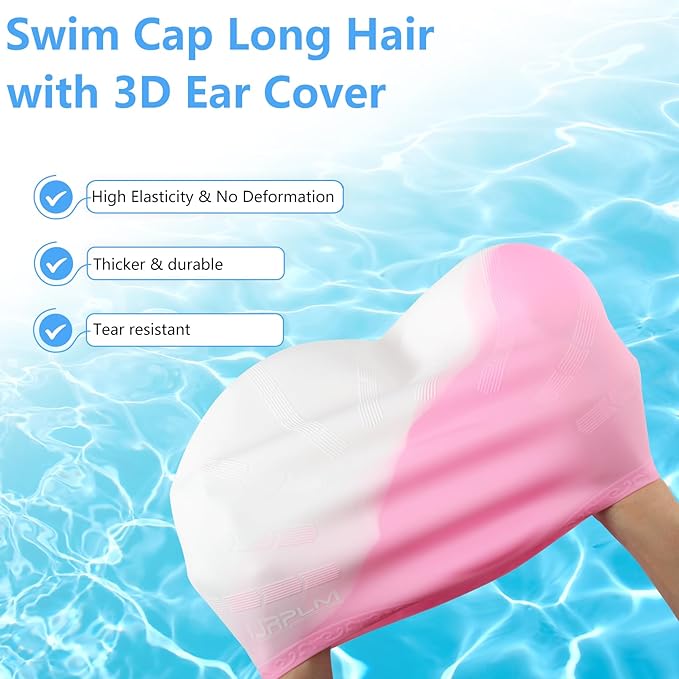 Swim Cap Long Hair,Silicone Swimming Caps with 3D Ear Cover,Waterproof Adult Swim Hats Bathing Caps for Women Men,Keep Your Hair Dry