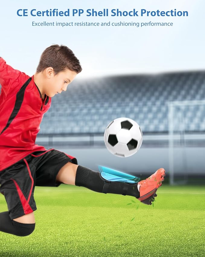 Shin Guards Soccer Kids Youth, CE Certified Airsfish Shin Guard Protection Gear for 2-18 Years Old Boys Girls Teenagers High Impact Resistant Breathable Comfortable 1 Pair 4 Sizes