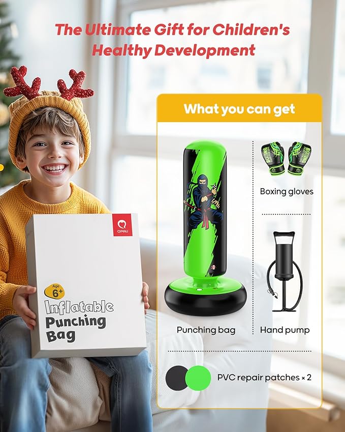 QPAU Punching Bag for Kids, 66 Inch Stable Inflatable Boxing Bag with Boxing Gloves, Stand Kids Punching Bag Toy for Boys & Girls Age 6-12, Boxing Set for Practicing Karate, Taekwondo, MMA