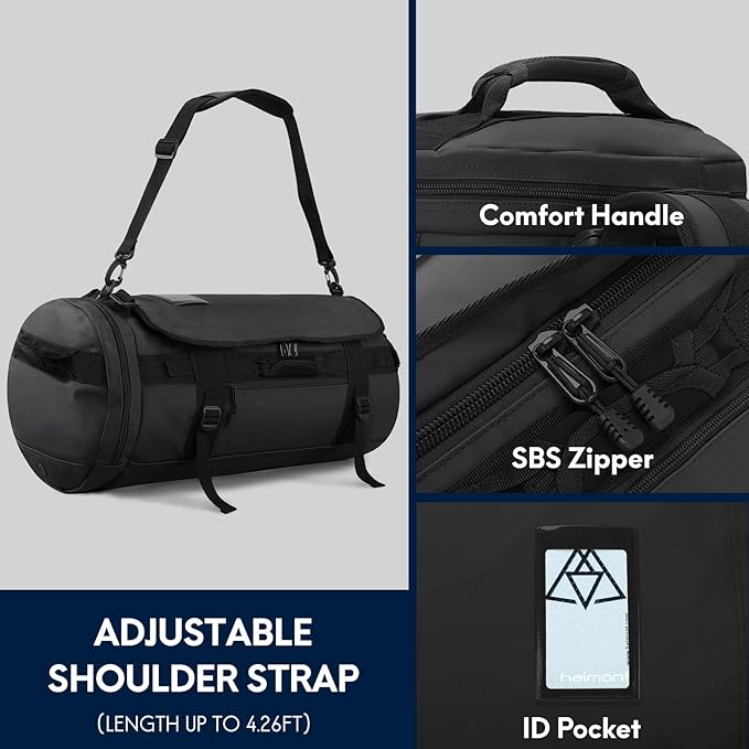 Haimont Duffle Backpack, Travel Duffel Bag with Shoes Compartment, Water-resistant Overnight Daybags for Men Women Daily Trip, Sports Gear, Gym, 45L, Black