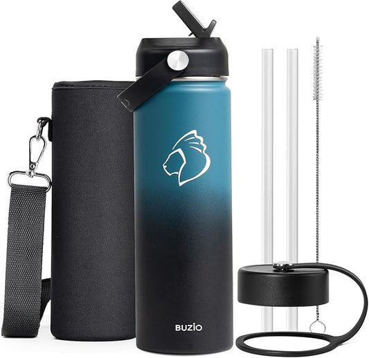BUZIO Insulated Water Bottle with Straw Lid and Flex Cap, 22oz Modern Double Vacuum Stainless Steel Water Flask, Cold for 48 Hrs Hot for 24 Hrs Simple Thermo Canteen Mug, Indigo Black