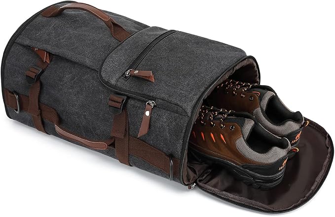 Kalesi Gym Duffle Bag Backpack 4-Way Vintage canvas with Shoes Compartment for travel Sport Hiking laptop (Vintage black)