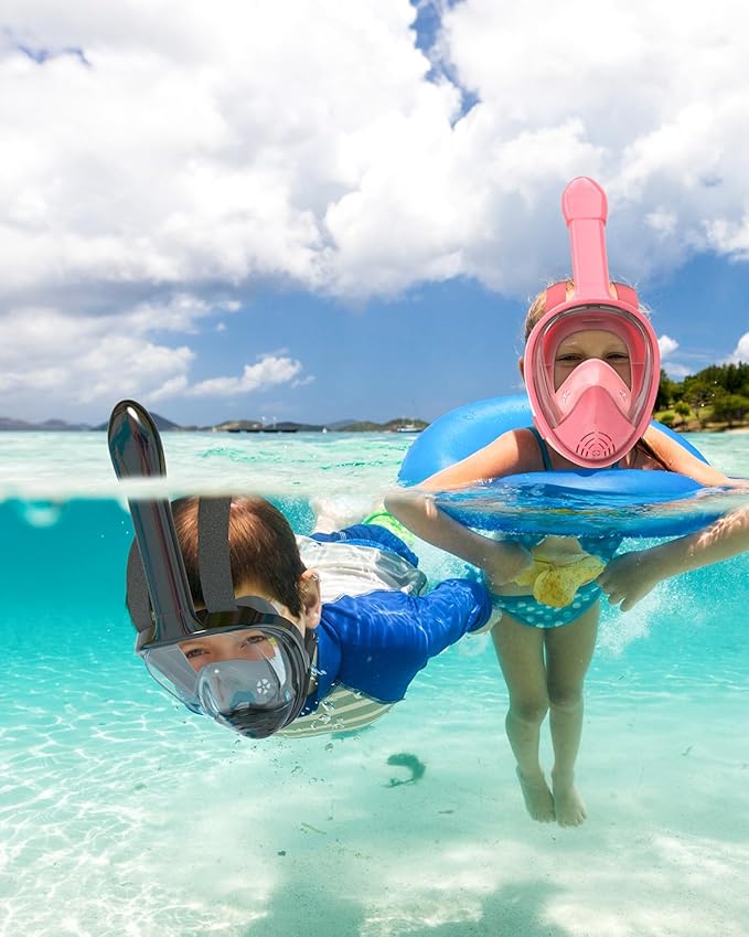 QingSong Kids Snorkel Mask Full Face, Snorkeling Set with Camera Mount, Foldable 180 Degree Panoramic View Snorkeling Gear Anti-Fog Anti-Leak