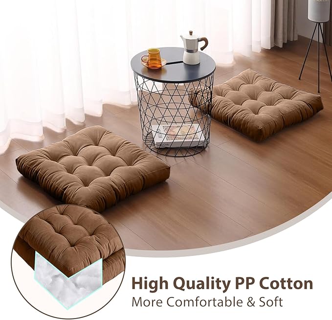 Tiita Meditation Floor Pillows, 22 Inch Square Floor Cushions for Adults, Thicken Tufted Seat Pad Set of 2, Large Floor Cushion for Yoga Garden Living Room Balcony Office Tatami, Coffee