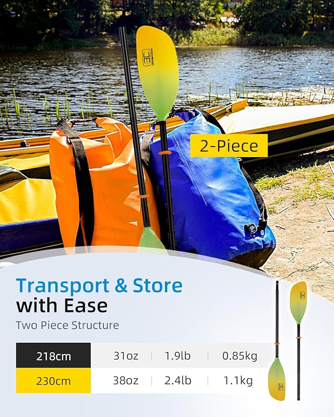 OCEANBROAD Kayak Paddle 86in/218cm, 90.5in/230cm Alloy Shaft 2-Piece Floatable Kayak Oar for Kayaking Canoeing Boating