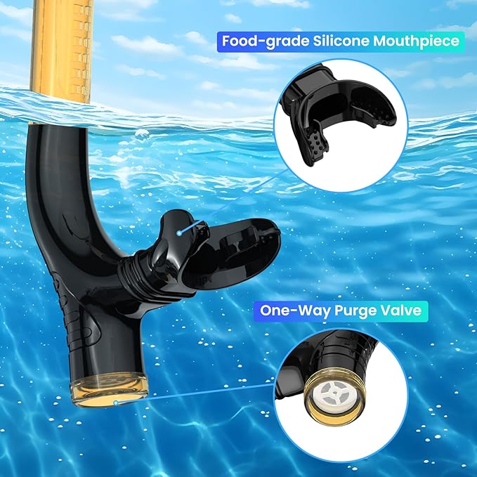 Swimmer's Snorkel for Lap Swimming, Adult Snorkeling Gear Swim Training, Center-Mount Silicone Mouthpiece One-Way Purge Valve in Pool and Open Water