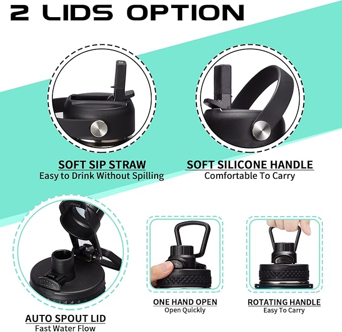 Half Gallon Insulated Water Bottle - with Straw & Spout Lid, Paracord Handle & Carrier Bag, Protective Cup Mat, 64oz Vacuum Stainless Steel Water Bottle, Metal Vacuum Flasks Keep Cold 48h Hot 24h