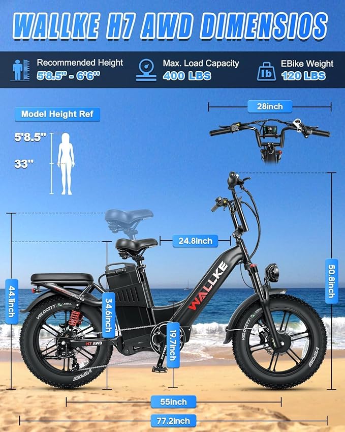 W Wallke H7 AWD Dual Motor Electric Bike for Adult, 48V 60Ah/40Ah Removable Battery, Long Range 32-34MPH Fast Ebike, 20" Fat Tire Mountain Offroad All Terrain Full Suspension E-Bicycle, UL2849 List