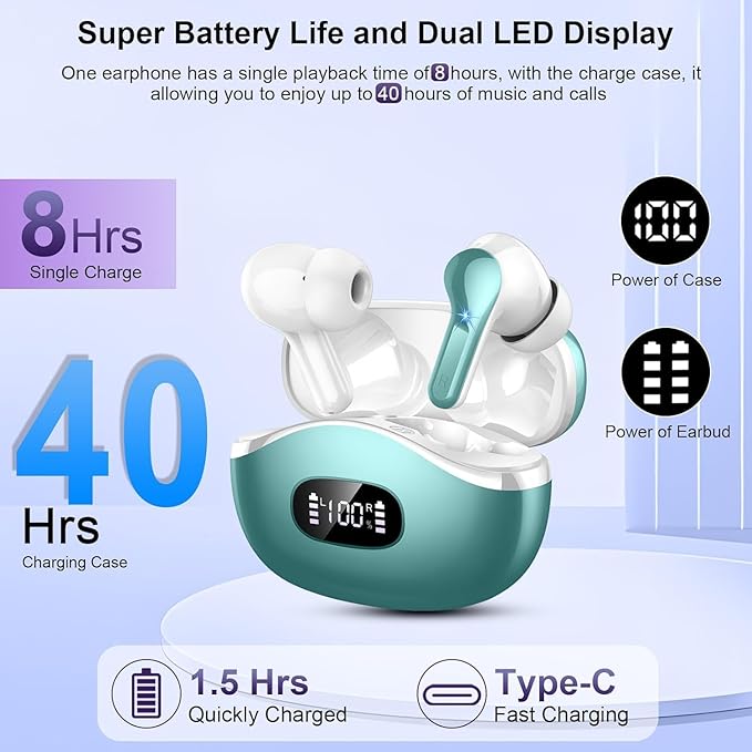 Wireless Earbuds, 2025 Bluetooth Headphones 5.3 HiFi Stereo Ear buds with ENC Noise Cancelling Mics, 40H Bluetooth Earbuds with Dual LED Display Charging Case, IP7 Waterproof Earphones for Android iOS