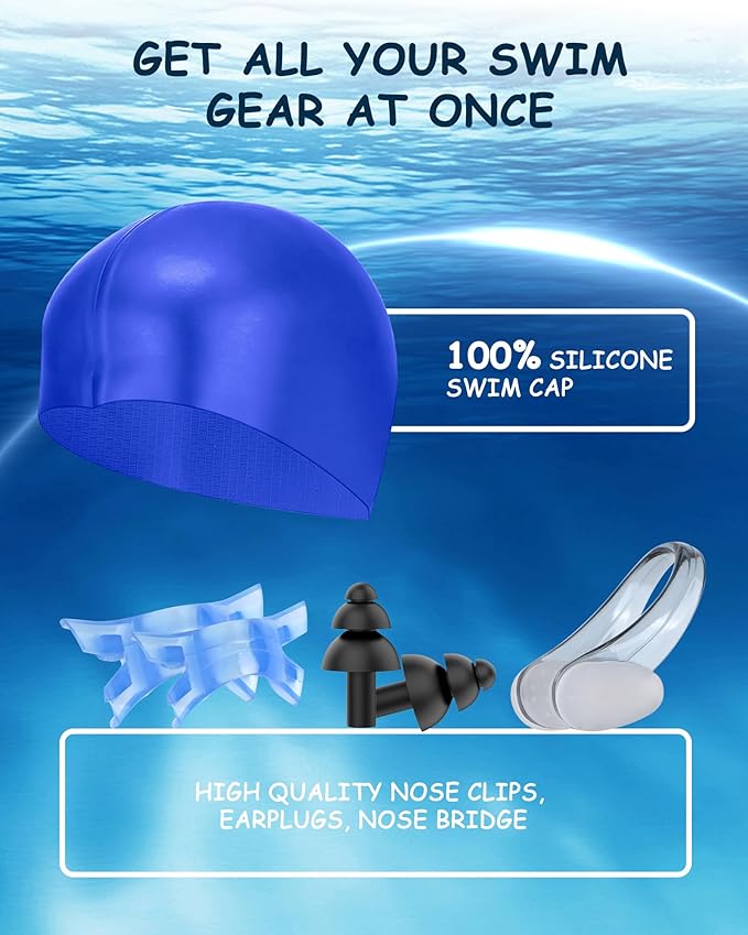 Kids Swim Goggles, Swimming Goggles for Kids Toddlers 3-14 with Swim Cap, Nose Clip, Nose Bridge, Ear Plugs