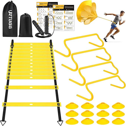 Soccer Training Equipment, Speed Agility Training Equipment for Kids Youth Adults, 20ft Agility Ladder, 4 Hurdles, Jump Rope, 12 Soccer Cones, Running Parachute, Football Training Equipment