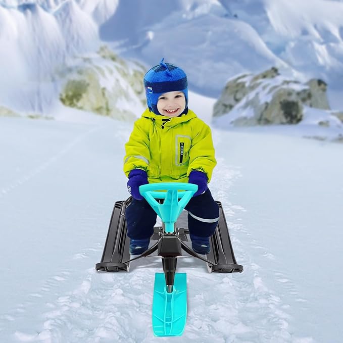 Snow Racer Sled with Steering Wheel and Brakes, Durable Steel Frame, Downhill Steerable Sled for 220 LBS Kids, Teenagers, Adults