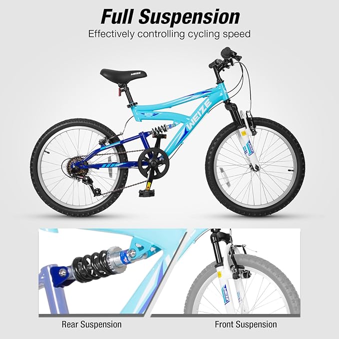 WEIZE Kids Mountain Bike, 20 inch Kids' Bicycles for 6-11 Years Old Boys Girls with Dual Full Suspension, 6 Speeds Drivetrain, High-Carbon Steel Frame, Ideal for Young Riders and Adventurers