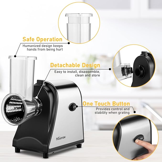 Nictemaw Electric Cheese Grater, 250W 5-in-1 Professional Cheese Grater Electric Vegetable Slicer, Electric Slicer Shredder for Veggies, Carrots, Carrot, Potatoes