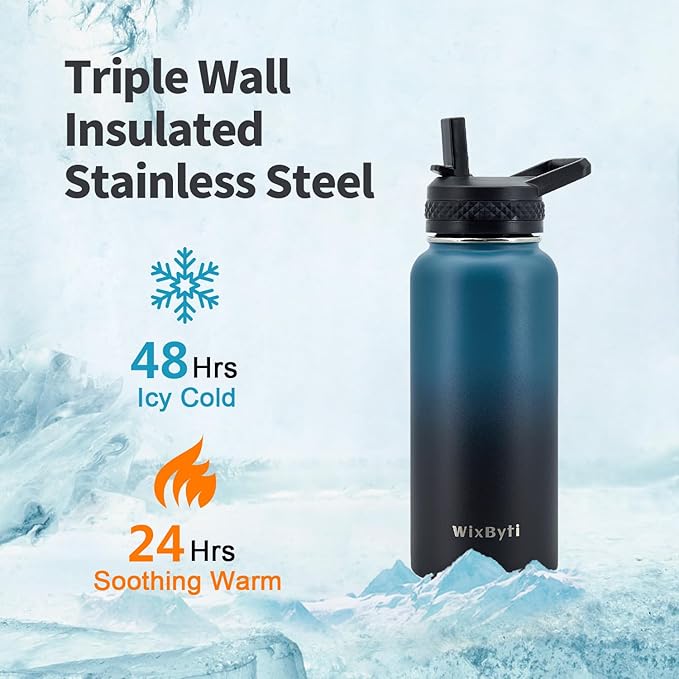32 oz Insulated Water Bottle with Straw (Cold for 48 Hrs), Stainless Steel Triple Wall Vacuum Sports Water Jug, Leakproof Hydro Cup Flask with Paracord Handle & Straw Spout Lids & DIY Stickers