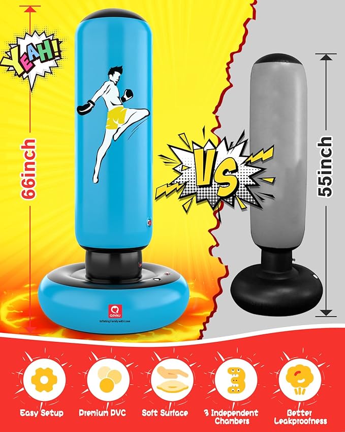 QPAU Kids Punching Bag Toy with Boxing Gloves, 66 Inch Larger Stable Kids Inflatable Boxing Bag Set, Gifts for Boys & Girls Age 6-12, for Practicing Karate, Taekwondo, MMA