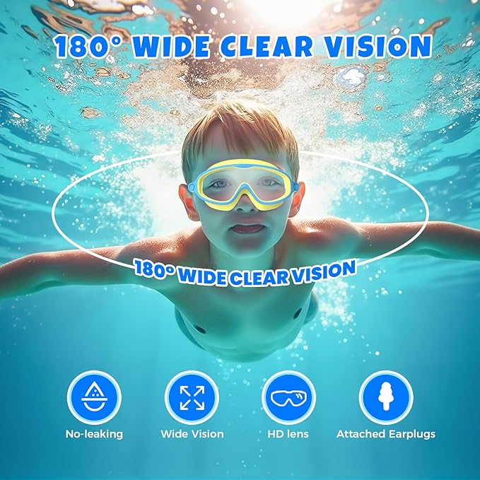 Swim Goggles for Kids 3-15 with Earplugs Large Frame Anti-Fog/UV Swimming Goggles for Boys Girls Toddler 2PCS
