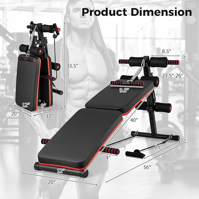 GYMAX Sit Up Bench, 330lbs Folding Decline Workout Bench with Spring Handle, Elastic Ropes & 4 Level Adjustable Height, Incline Weight Bench for Situp, Ab Crunch, Strength Training Exercise for Home Gym