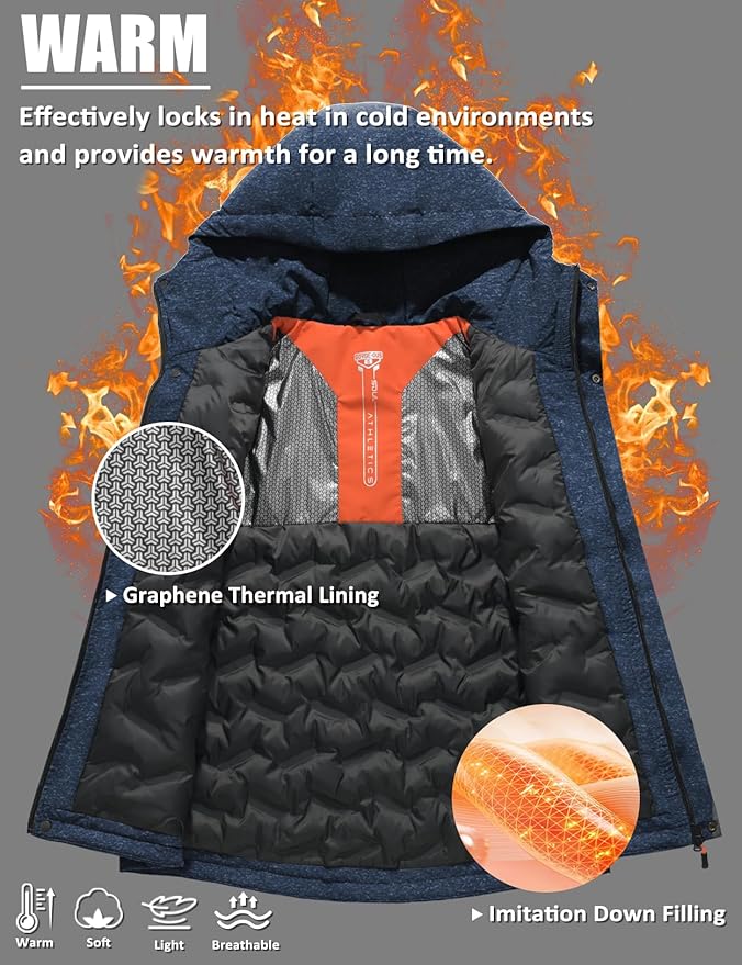 Men's Winter Jacket Waterproof Ski Snow Coat Windproof Snowboard Hooded Raincoats with Warm Graphene lining