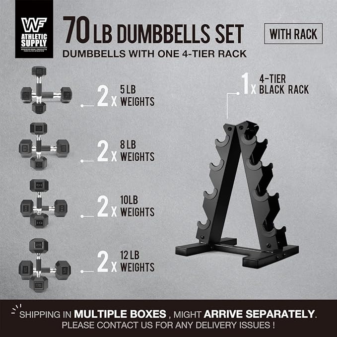 WF Athletic Supply Rubber Encased Hex Dumbbells with Rubber Grip Contoured Handle for Muscle Toning, Strength Building & Full Body Workout