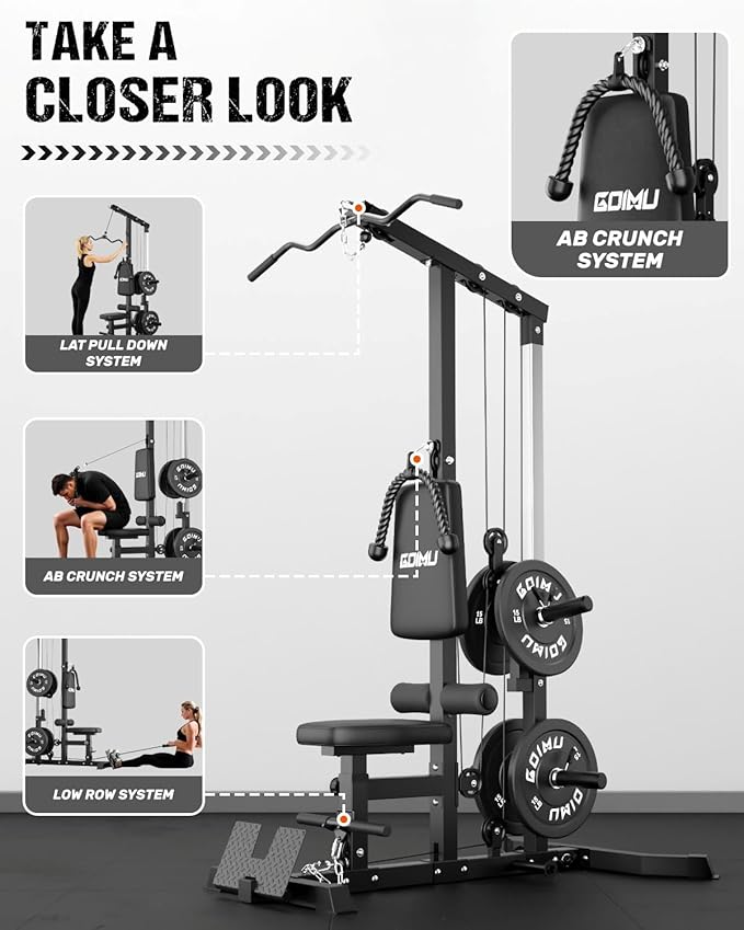LS01 LAT Pulldown Machine, LAT Row Cable Machine with AB Crunch, LAT Tower with Cable Row Attachments, 3 in 1 Pulley Stations for Home Gym