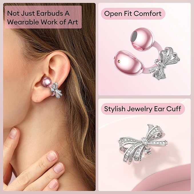 PAXA Stylish Open Ear Clip On Earbuds with Removable Butterfly Earring, Clip On Headphones with LCD Touch Screen, Fashionables Open Ear Headphones for Women, Bow Tie Earring Rose Gold Earbuds