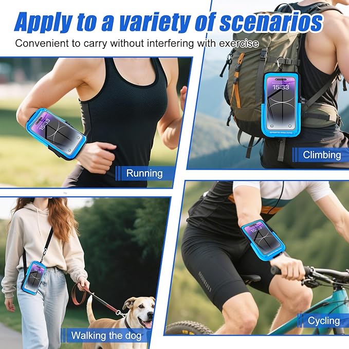 Phone Holder for Running, Running Armband Phone Holder with Carabiner, Phone Armbands for iPhone 16 15 14 13 12 11Pro Max & Galaxy S25/S24/S23, Cell Phone Armband Up to 6.8'' Phone (Blue)