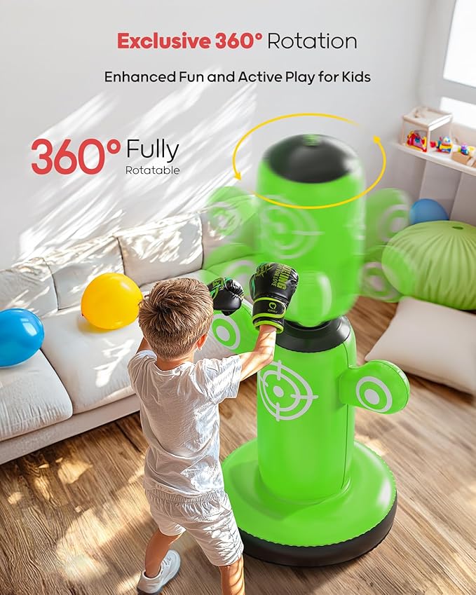 QPAU 360° Rotatable Punching Bag for Kids, Lager 64” Kids Punching Bag with Gloves, Hand Pump & 6 Targets, Bop Bag Inflatable Punching Toy, Karate Gifts for Boys, Girls