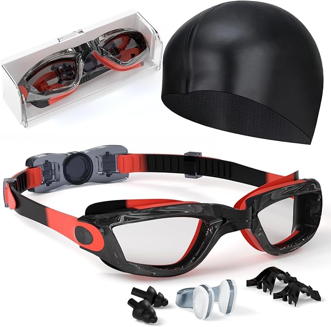 Kids Swim Goggles, Swimming Goggles for Kids Toddlers 3-14 with Swim Cap, Nose Clip, Nose Bridge, Ear Plugs