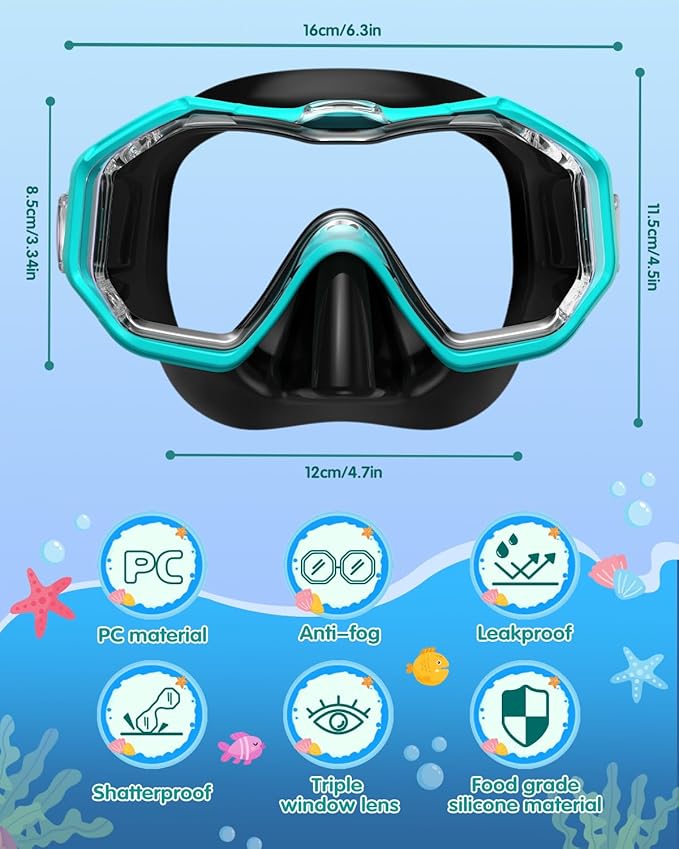 W WSTOO Kids Swim Goggles with Nose Cover,Snorkel Diving Swimming Mask for Youth 5-15,HD 3-Window Wide Vision Anti-Shattered Lens Anti-Fog&Leak