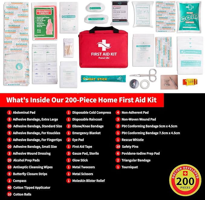 Protect Life Survival First Aid Kit for Home/Business, Camping Survival Kits | Mini Travel First Aid Kit | Camping Equipment | Small Kits for Car | Outdoor Emergency Survivals Pack - 200pcs