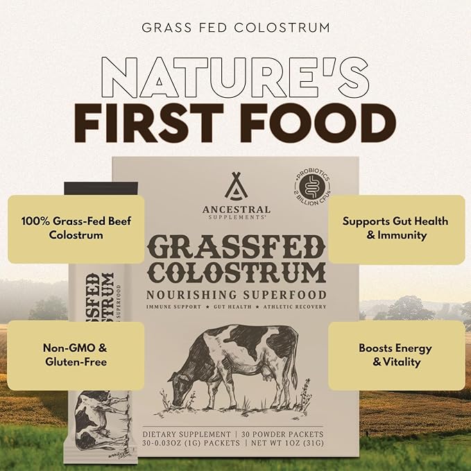 Ancestral Supplements Grass Fed Beef Bovine Colostrum Powder Packets, Immune Support Supplement, Gut, Skin & Hair Health Support Supplements, Promotes Growth and Repair, Non GMO, 30 Sticks, Unflavored