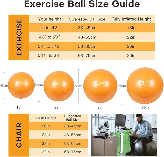 Yoga Ball, 22-30 Inch Extra Thick Exercise Ball for Workout Fitness Balance, Anti Burst Chair for Home and Office Desk, Includes Hand Pump & Workout Guide Access