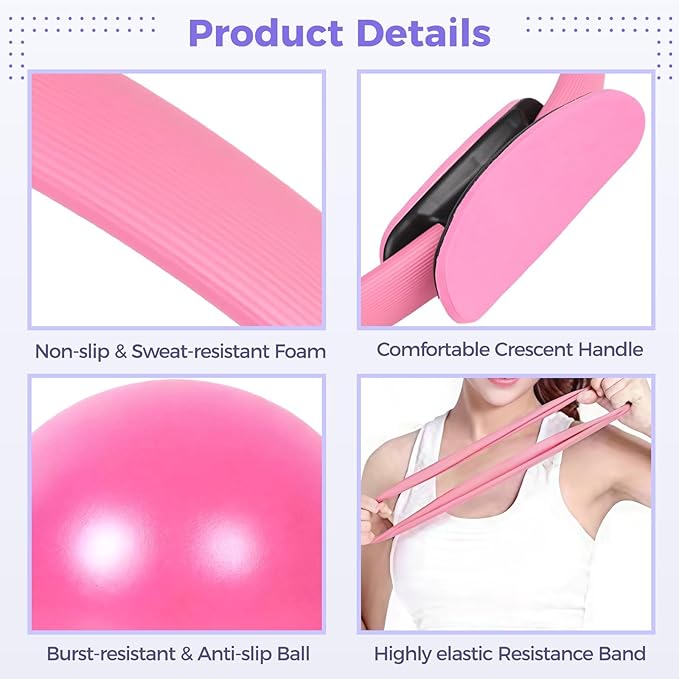 Pilates Ring and Ball Set, Includes 2 Pilates Circles, 2 Balance Balls with Pump, 3 Resistance Bands, and 1 Exercise Band, Home Pilates Equipment for Women, Versatile Fitness Kit