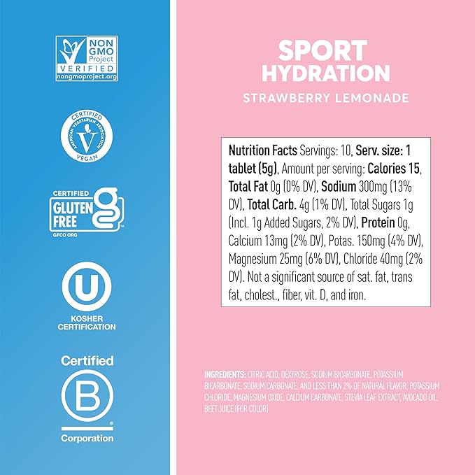 Nuun Sport Electrolyte Tablets with Magnesium, Calcium, Potassium, Chloride & Sodium, Gluten Free & Vegan, Strawberry Lemonade, 4 Pack (40 Servings Total)