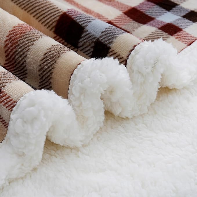 PU MEI Sherpa Fleece Throw Blanket 80" x 90" Reversible Plush Fluffy Large Big Blanket Lattice Flannel Blankets for All Season Use, Beige Stripe