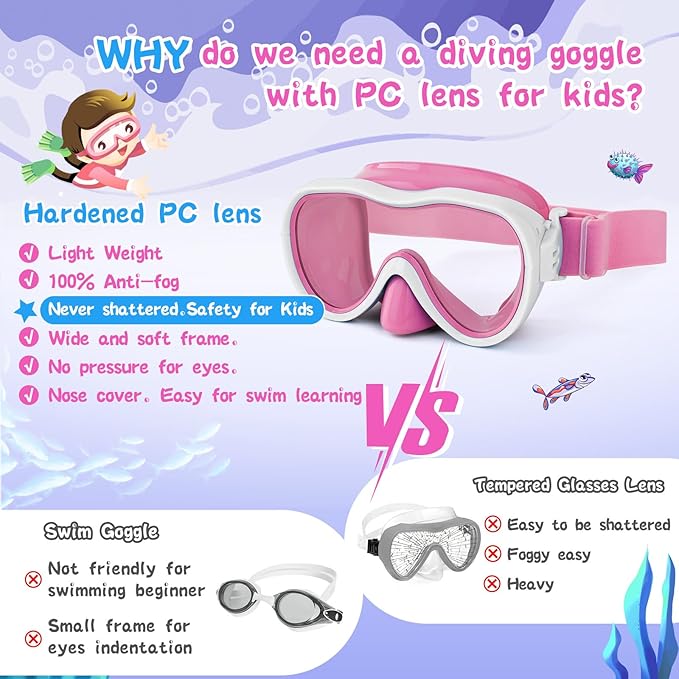 Kids Swim Goggles with Nose Cover, Anti-Leak Swim Mask with Elastic Fabric Strap, UV Protection Swimming Goggles for Kids