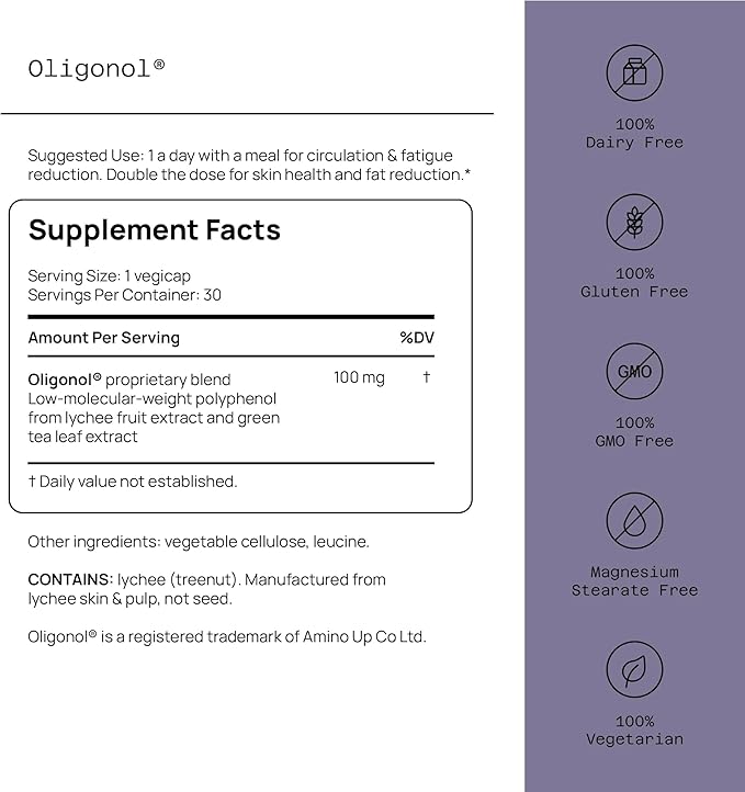 Quality of Life Oligonol Premium Anti Aging Supplement - Promotes Cardiovascular Health, Circulation & Youth, Includes Antioxidants - Lychee Fruit Extract - 30 Vegicaps