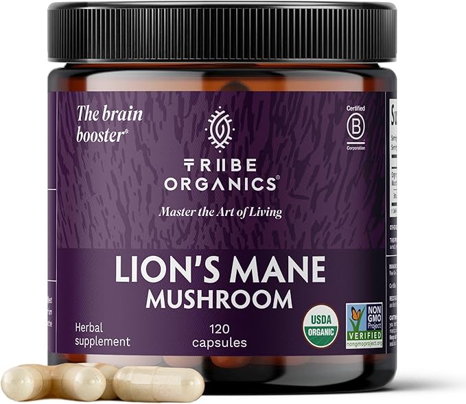 TRIBE ORGANICS Lion’s Mane Supplement 1000mg Mushroom Extract Powder - Immune System Booster & Brain Nootropic for Focus and Memory | Mental Clarity | Natural Energy and Immunity - 120 Vegan Capsules