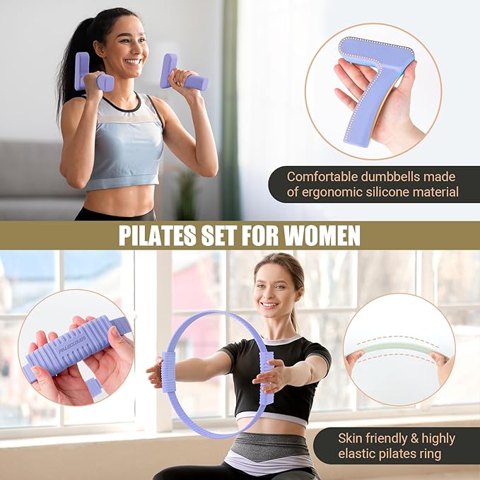 Pilates Ring Set, Pilates Essential Kit with Pilates Ring and Ball, 2.2lb *2 Ergonomic 7-Shaped Dumbbells, Portable Bag & Training Poster, at Home Workouts Pilates Sets for Women