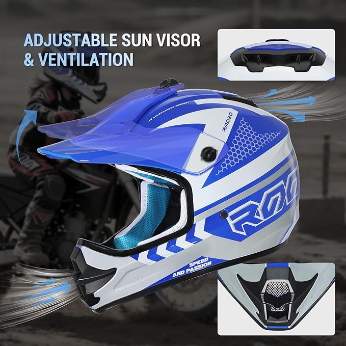 Youth Dirt Bike Helmet DOT Certified - Full Face Motorcycle Helmet for Off-Road, ATV, Street Riding, Includes Adjustable Goggles & Protective Gloves