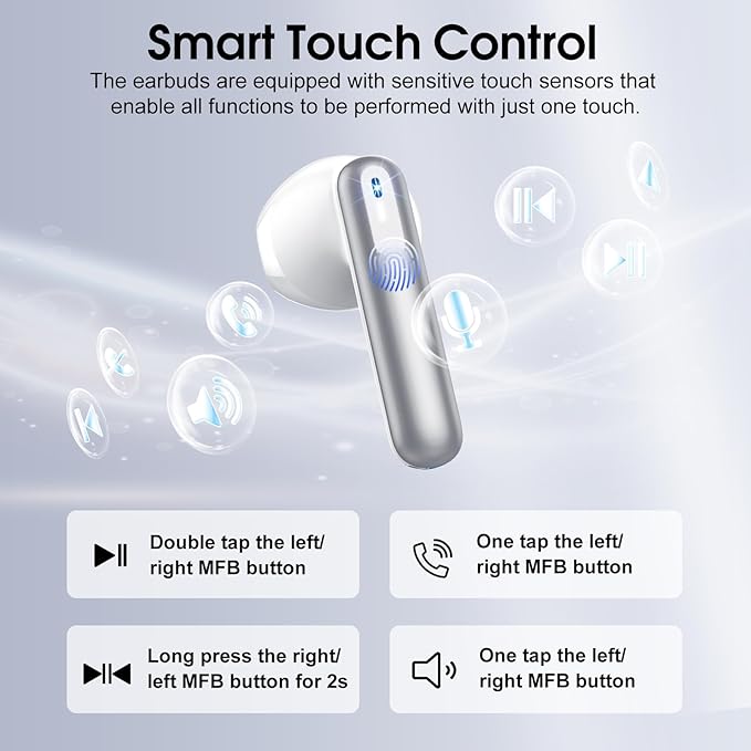Wireless Earbuds, Bluetooth 5.4 Headphones with 3D Bass Stereo, 40H Ultralight in-Ear Buds, Bluetooth Earbuds with 4 ENC Noise Cancelling Mic, USB-C, IP7 Waterproof Earphones for Android iOS, Sillver