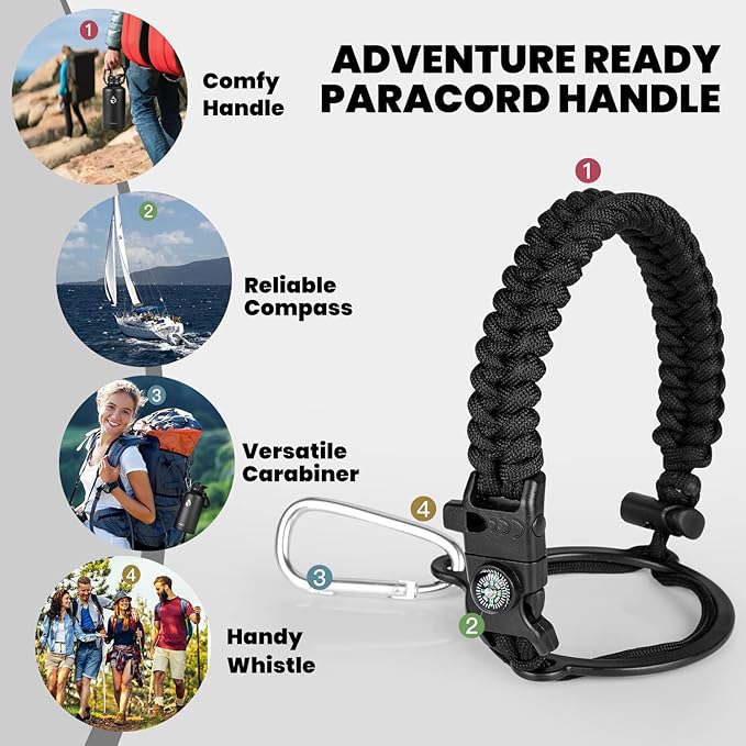 Insulated Water Bottle 64 oz, Triple Wall Vacuum Stainless Steel (Cold for 48 Hrs), Leak Proof & Non-BPA, Half Gallon Water Flask Jug with Paracord Handle & Straw Spout Lids, Magic Black