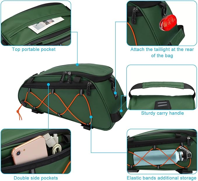 MOSISO Bike Rack Bag with 2 Removable Panniers, Waterproof Bike Trunk Cooler Storage Handbag Insulated Bicycle Rear Seat Pouch, Bicycle Storage Saddle Shoulder Bag Cycling Luggage Pouch, Peacock Green