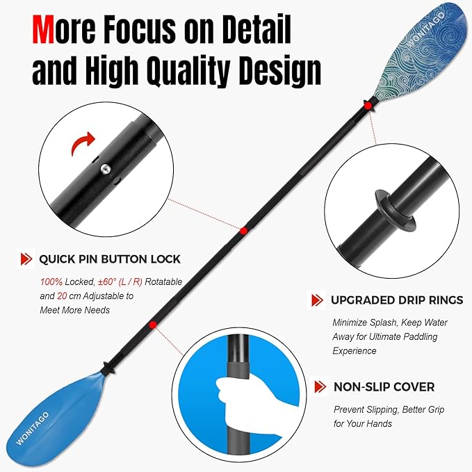 Kayak Paddles with Alloy Shaft and PP Blade, Floating Kayaking Oars, Adjustable 230-250 cm/90-98 Inches, 210-230 cm/82-90 Inches