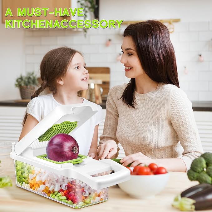 Vegetable Chopper & Spiralizer - Food Chopper with Container | Fruit Slicer, Kitchen Gadget | Dice, Slice, Shred Veggies/Fruits | Perfect for Salads（17-in-1green）