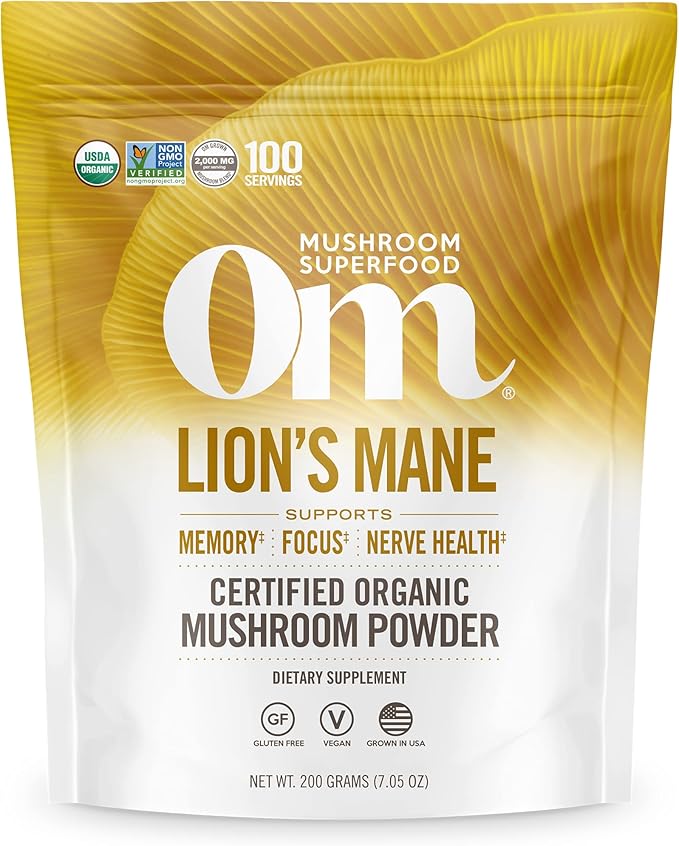 OM MUSHROOM SUPERFOOD Lion's Mane Organic Mushroom Powder, Improves Memory, Focus, Clarity, Nerve Health, and Mood Support, 7.05 oz, 100 Servings