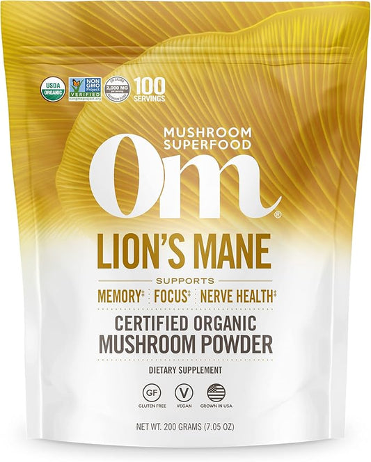 OM MUSHROOM SUPERFOOD Lion's Mane Organic Mushroom Powder, Improves Memory, Focus, Clarity, Nerve Health, and Mood Support, 7.05 oz, 100 Servings