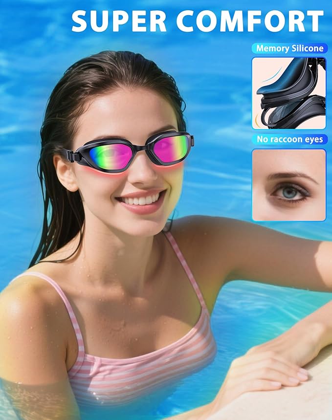 Swim Goggles, Unisex Adult Swimming Goggles Anti Fog Anti UV No Leakage Wide View for Men Women Youth