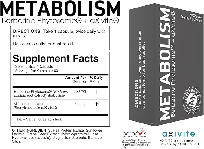 Silver Fern Brand Metabolism Supplement + Berberine Phytosome & aXivite – Supports Function & Wellness – 60 Capsules